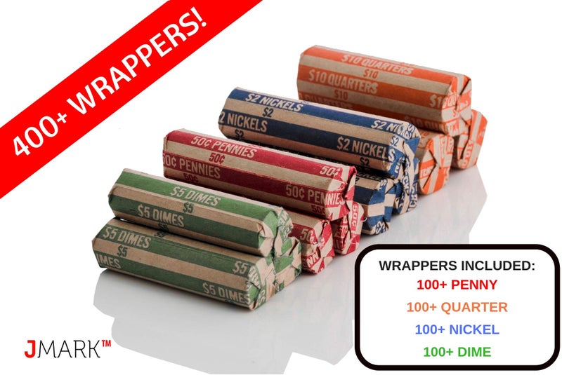 J Mark 400 Neatly-Packed Flat Coin Roll Wrappers Assorted, Made in USA, (Quarters, Dimes, Nickels, Pennies), ABA Striped Kraft Paper Coin Rolls Wrappers, Includes J Mark Deposit Slip - Image 2